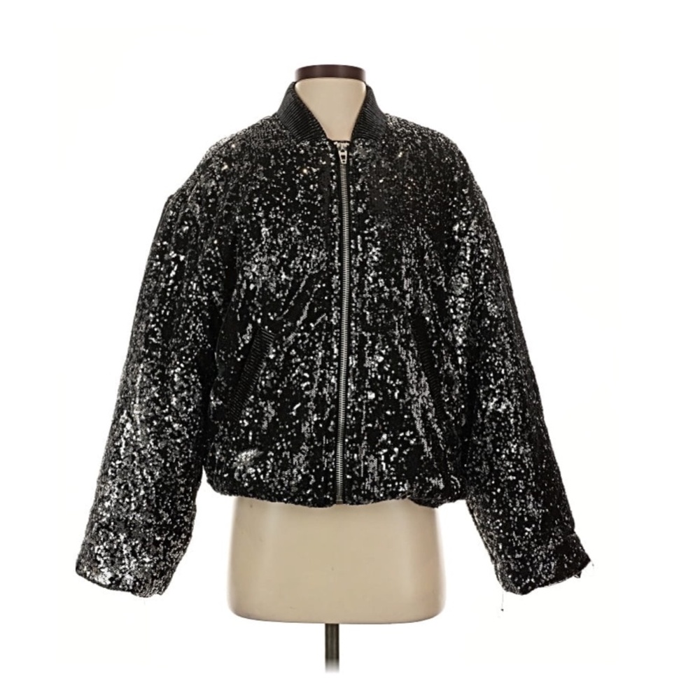 $140 NWT BLANK NYC Black & Silver SEQUINED Bomber PUFFER Oversized JACKET XS